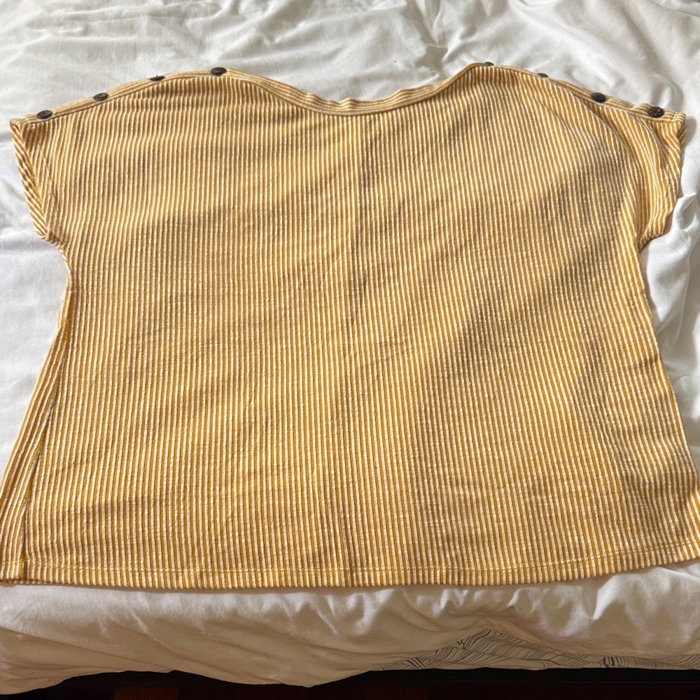 Yellow and White Striped Short Sleeve Top with buttons on the shoulders.